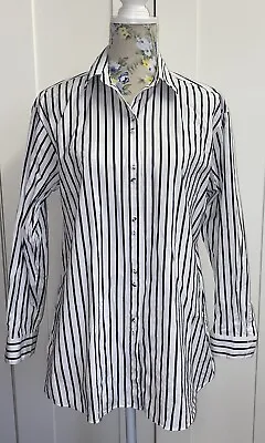 WITCHERY White & Black Stripe Long Sleeve Button Close Blouse Size 8 • $20