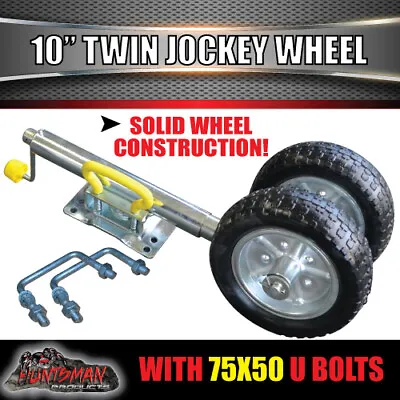 Twin 10  Jockey Wheel 1600kg Swing Up Solid Wheels + U Bolts Suit 75x50mm Frame • $130