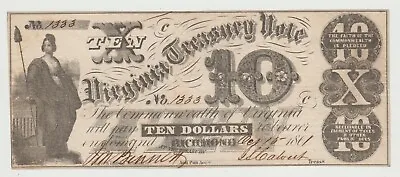 1861 Virginia Treasury Note $10 Dollar Note - Very Fine - Richmond Va. • $119.96