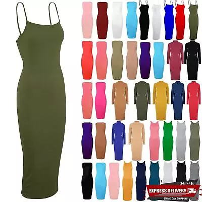 Womens Plain Sleeveless Ladies Cami Strappy Casual Stretchy Bodycon Midi Dress • £5.49