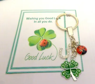 £5.95 • Buy Good Luck Charm Gift Key Ring 4 Leaf Clover Lucky Horseshoe & Ladybird +Gift Bag
