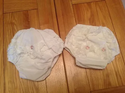 2  Baby Girls Frilly Pants Knickers. White & Ivory Creme Lace & Bows • £5