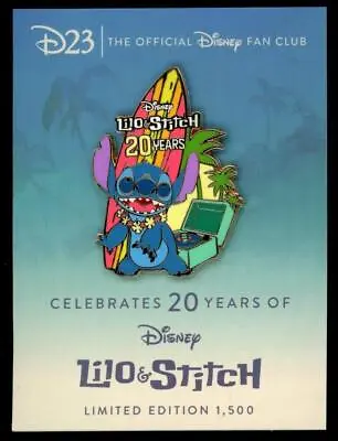 D23 DS Store Lilo & Stitch 20th Anniversary Stitch With Surfboard LE Disney Pin • $39.95