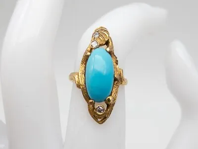 Antique Victorian 1890s 5ct Turquoise Old Euro VS G Diamond 18k Yellow Gold Ring • $485
