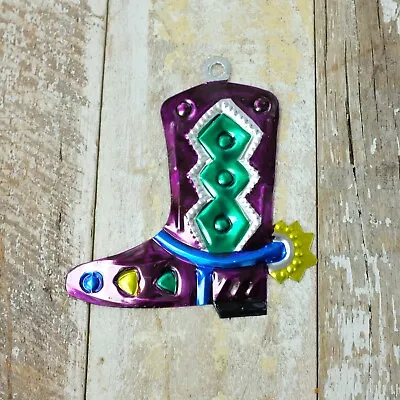 Mexican Tin Cowboy Boot Purple/Green Decoration • £3