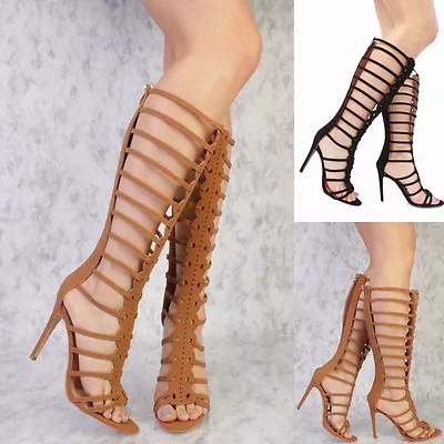 Strappy Caged Open Toe Gladiator Stiletto Mid Calf Knee High Heels Sandals G17 • $34.99