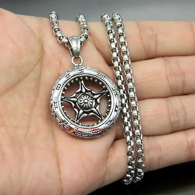 Mens Retro Stainless Steel Motorcycle Biker Wheel Tire Tyre Pendant Necklace • $9.49