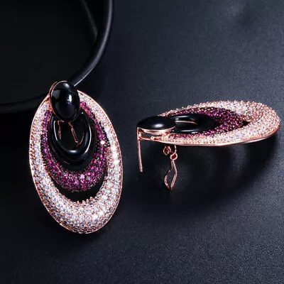 Micro Pave Rose Gold Plated CZ Large Round Black Hoop Earrings Party Jewellery • $16.20