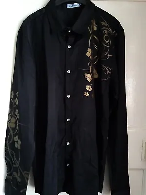 Shirt Med Mens Black Gold Floral Qingduomao Long Sleeve Button Up Casual • £7.99