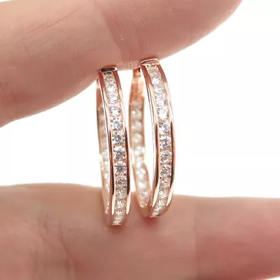 925 Sterling Silver Rose Gold Plated Pave C Z Huggie Earrings • $52.99