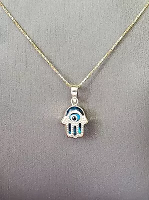 $120.99 • Buy 14K Solid Real Yellow Gold Evil Eye Hamsa Pendant Charm With Box Chain