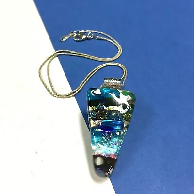 18KGP VENETIAN GLASS Pendant Necklace Blue Green Black ABSTRACT Silver R301e • $39