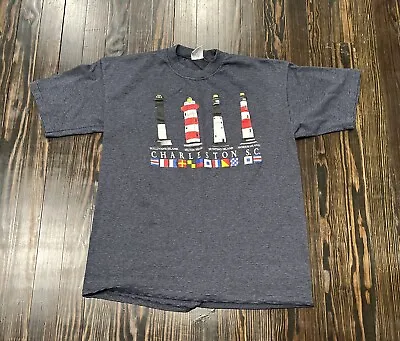 Charleston SC Lighthouse Vintage Tee Shirt Men’s Large Blue Black Stripes • $14.99
