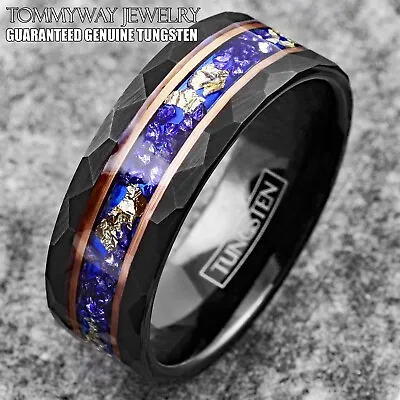 Black Tungsten Carbide Ring Blue Sapphire With 24K Gold Foil Leaf Wedding Band • $24.99
