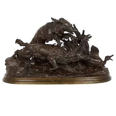 Authentic French Atelier Cast Bronze Sculpture Of Duck Hunt By Pierre J. Mene  • $4675
