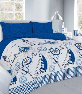 Nautical Seaside Beach Blue Printed Duvet Cover And Pillowcase Bedding Set  • £13.95