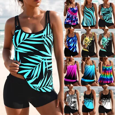 Womens Padded Tankini Boy Shorts Set Swimsuit Beach Swimwear Swimming Costume • £4.09