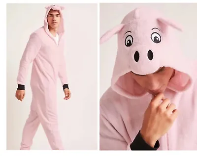 Men’s Pink Porky Pig Plush Fleece One Piece Pajama Union Suit Zip Up Jumpsuit • $19.90
