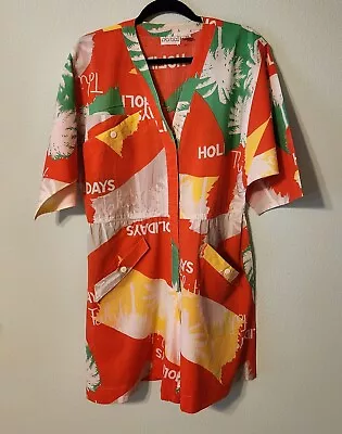 Vintage 1980's Pia Rucci Orange Multicolor Tahiti Holiday Oversized Romper Sz M • $35.99