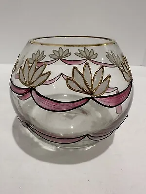 Romania Clear Crystal Decorative Bowl Hand Painted Lotus W/ Gold Trim • $40