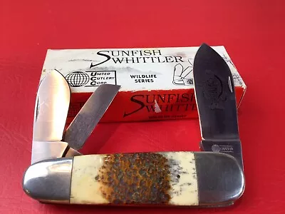 UNITED CUTLURY SUNFISH WHITTLER VINTAGE JAPAN KNIFE BOX SMOOTH STAG C1980's • $75