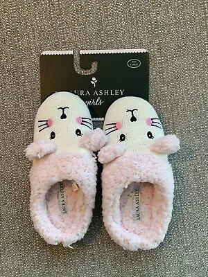 New Laura Ashley Girls Bunny Slippers Bedroom Shoes White & Pink Size L (2-3) • $23.98