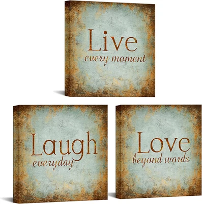 £44.99 • Buy 3 Piece Vintage Canvas Art Print Live Laugh Love Wall Art Decor Aqua And Brown I