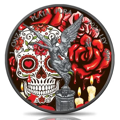1 Oz 999 Silver Mexican Libertad Dia De Los Muertos Colorized & Ruthenium Plated • $129