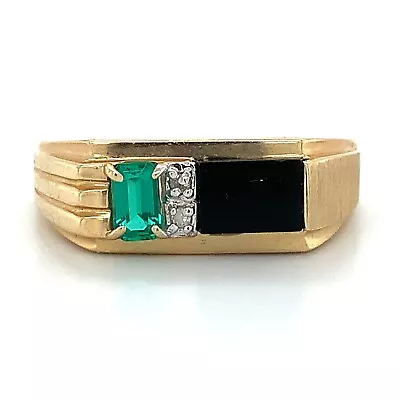 Men's 14k Yellow Gold Synthetic Emerald W/ Onyx And Diamond Ring Size 10.5 • $465
