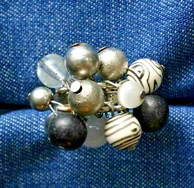 Fabulous Black & White Silver-tone Bead Cluster Ring 1960s Vintage Size 8 • $12.95