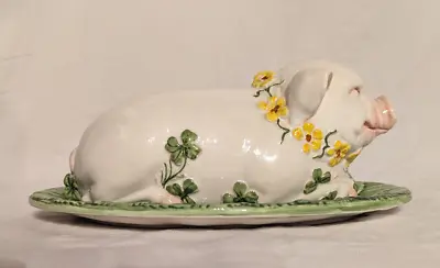 VTG Neiman Marcus Majolica Pig Piglet Covered Lidded Butter Dish Made In Italy • $49.95