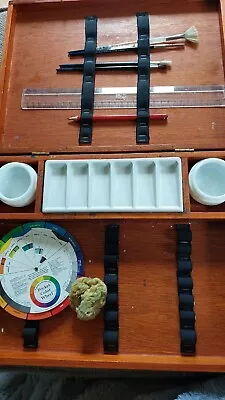  Vintage Wooden Box Winsor & Newton Ceramic Painting Palette Storage Watercolour • $24.85