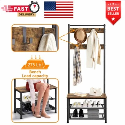 $63.80 • Buy 73  Metal Hall Tree Shoe Storage Bench Entryway Coat Rack W/ 9 Metal Hooks Home