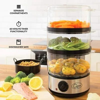 Quest 3 Compartment Tier Food Steamer 7.2L Compact & Rice Bowl Healthy Cooking • £22.82
