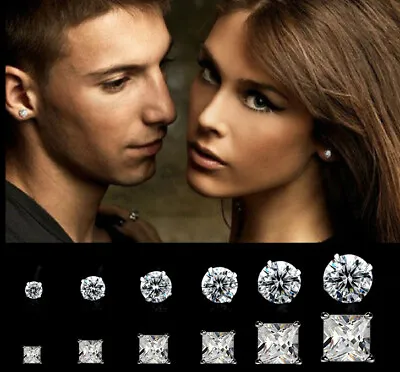 2Pcs Mens Womens DIAMOND CUT CRYSTAL DIAMANTE Sterling Silver Ear Studs Earrings • £6.66