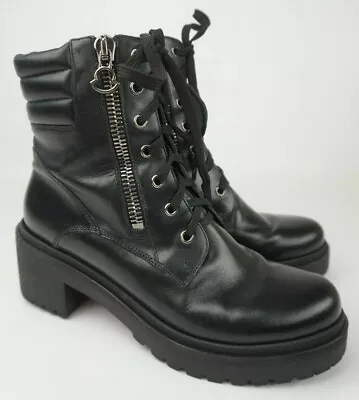 Moncler Black Leather Viviane Block Heel Combat Boots Women's Size 39 • $190