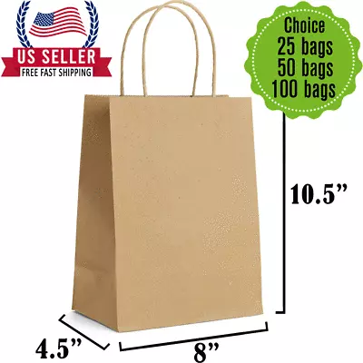$20.99 • Buy 8X4.5X10.5Brown Kraft Bag Bulk With Handle.Ideal For Retail Merchandise Shopping