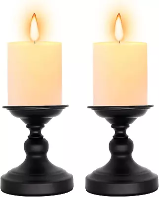 Matte Black Metal Pillar Candle Holder - Set Of 2 Candlestick Holders • $23.99