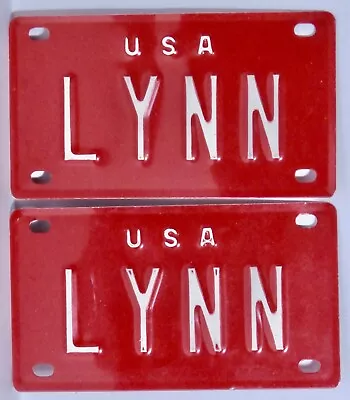Vintage Pair Of Red White Miniature Metal Bike License Plate Tags Personalized • $3.99