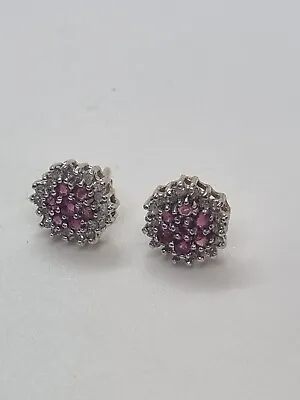 £145 • Buy 9ct/375  Ruby & Diamond Cluster Earrings Yellow Gold
