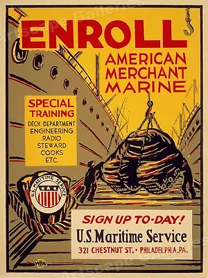 1940s Enroll American Merchant Marine - WWII WPA Poster - 24x32 • $24.95