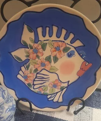 Diane Artware Stoneware Whimsical Kissing Lips Chinoiserie Blue White Fish Plate • $28