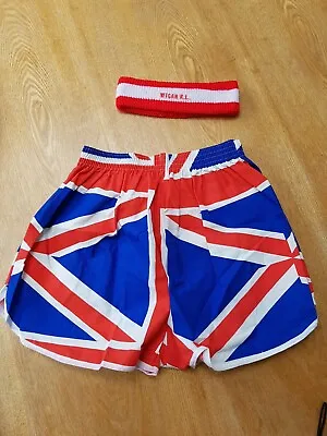 £18 • Buy Vintage Boys Mens Union Jack Cotton Shorts Plus Wigan Rugby Club Head Band SizeS