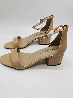 Women's Nola Heeled Sandals Two Strap Open Toe Glossy Beige -Amazon • $15.99