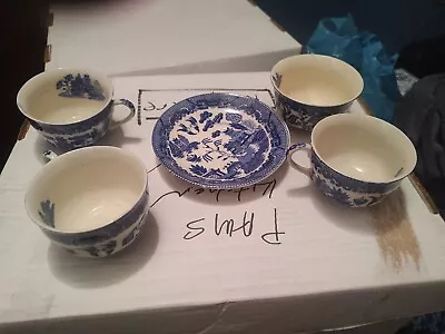 Set Of 4 Vintage Occupied Japan Tea Cups & One Plate Blue Willow • $24.49