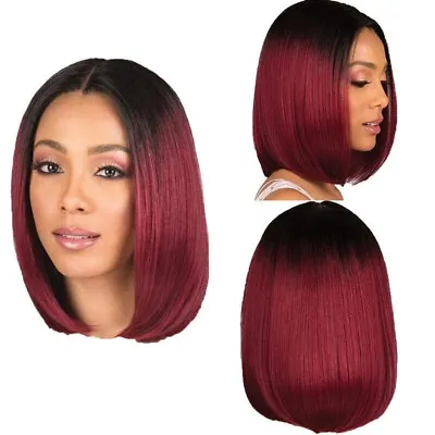 Women Black Ombre Wine Red Shoulder Length Straight Wig Middle Part Costume Hair • $14.99