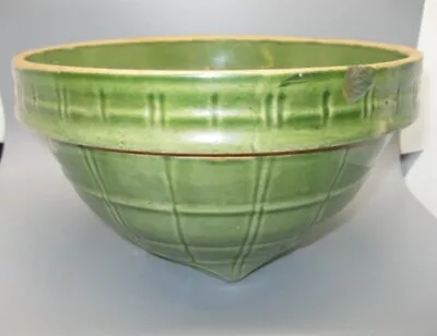 Vintage McCoy Green Windowpane Pattern Yellow Ware Mixing Bowl Marked 9 Shield 4 • $60