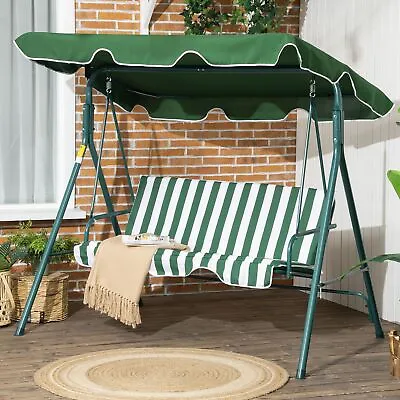 3-Seat Swing Chair Garden Swing Seat With Adjustable Canopy For Patio Green • £75.99