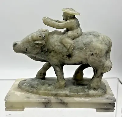 Vintage Chinese Carved Green Soapstone Sculpture Man Riding Water Buffalo • $14.99