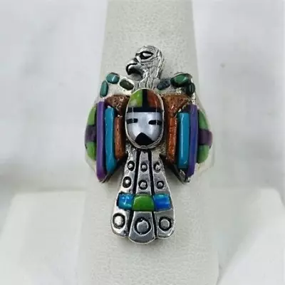 Old Navajo Thunderbird Sterling Silver Coral Turquoise Intricate Inlay Ring Sz 9 • $285